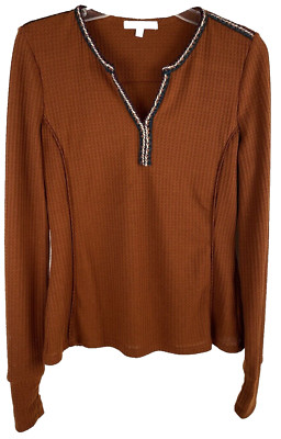 DR2 by Daniel Rainn Women's Brown Long Sleeve Waffle Knit Braid Trim Top Size S