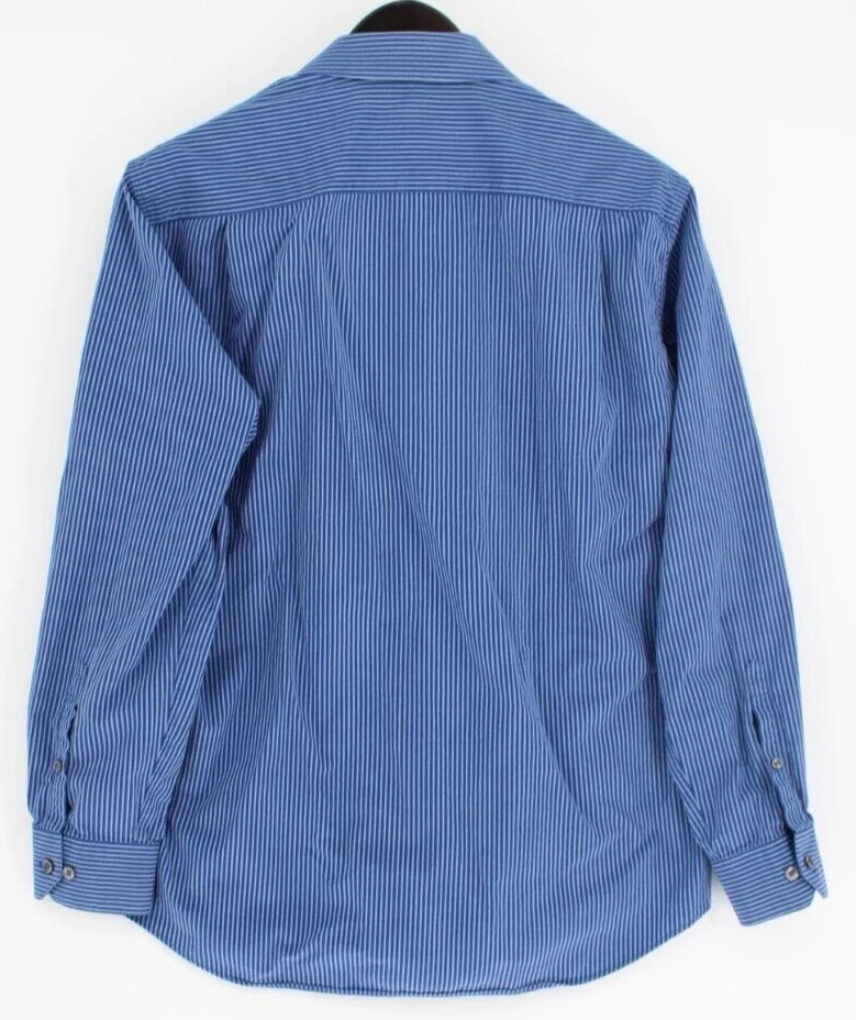 APT. Camisa de 9 botones para hombre talla L azul a rayas manga larga cuello algodón Foto 2 de 3