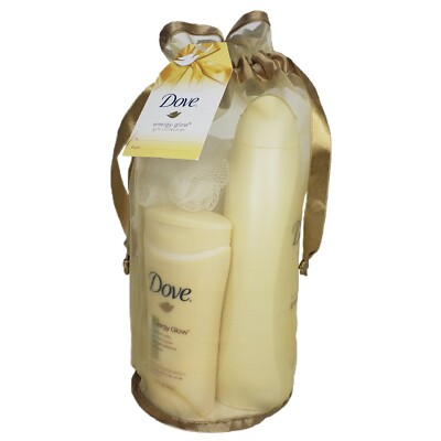 Dove Energy Glow Gift Collection Body Wash Lotion Beauty Bar Pouf Gold Bag 