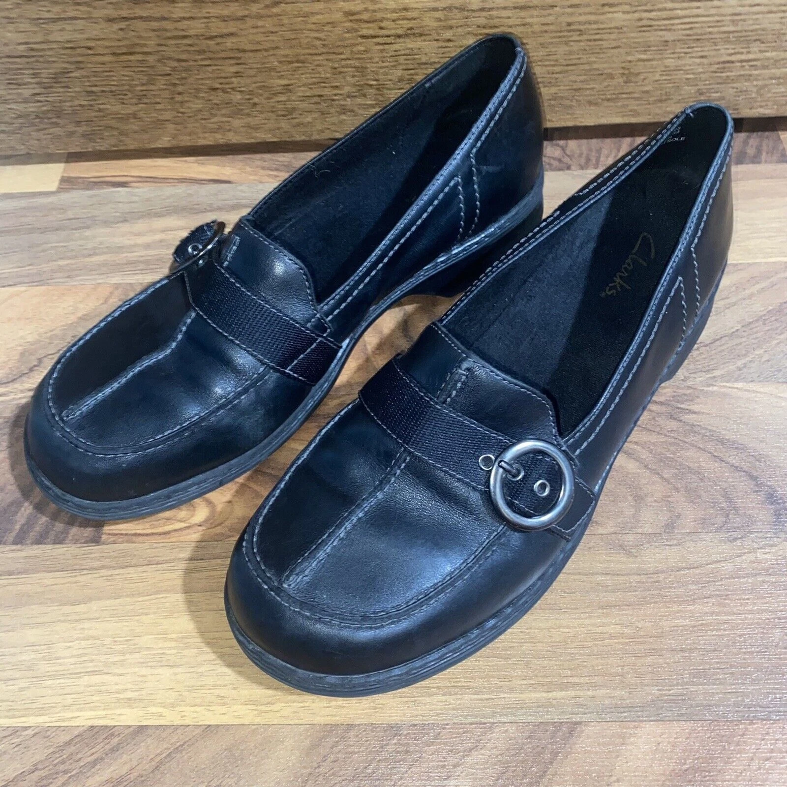 Mocassino donna Clarks taglia 8 cinturino monk fibbia pelle nera scarpa piatta comodo