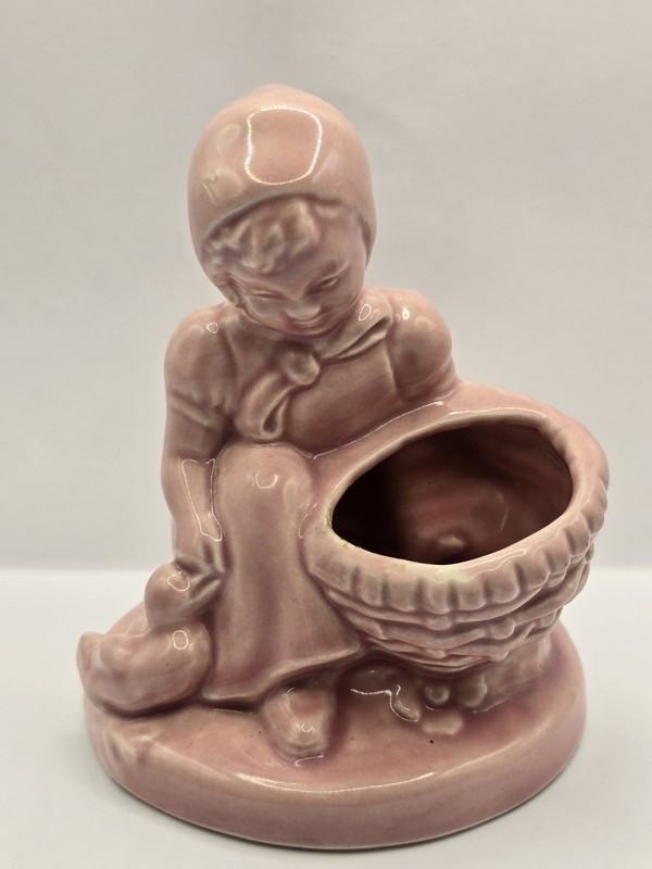 Vintage Girl Maiden w Basket & Duckling Pastel Pink Planter 4.5" Tall
