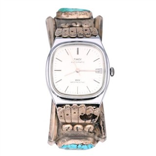 NATIVE AMERICAN ZUNI M. LASILOO TURQUIOSE CORAL WATCH BRACELET STERLING SILVER