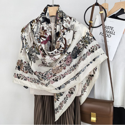 70% Cashmere 30% Silk Square Bandann Scarf 53'' White bird Print Shawl wrap 