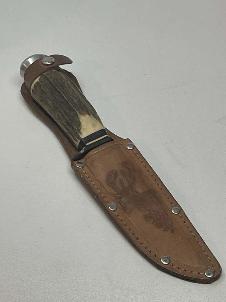 De colección E.C. Cuchillo de caza Solingen-Alemania 59X mango de ciervo con funda de cuero WG Foto 3 de 4