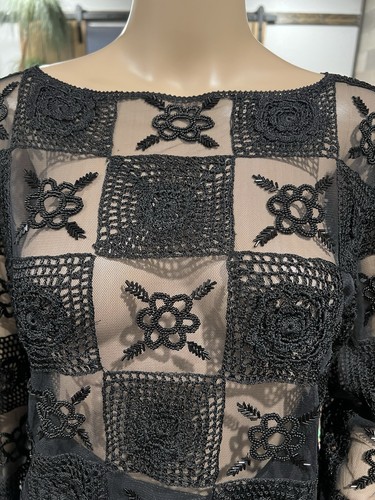 Y2K Vintage CACHE Crotchet Top Womens Size 6 Mesh Beaded Black Boho Festival - Picture 6 of 11