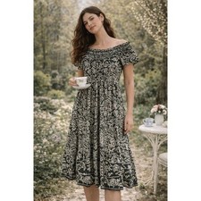 LOFT Green Black Floral Smocked Neck Tiered Viscose Mini Dress Womens Size S