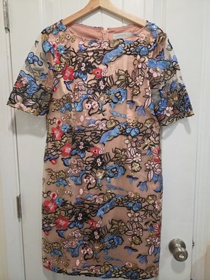 Tahari Arthur S Levine SS Embroidered Mesh Shift Dress Floral  Sequin Sz 12 