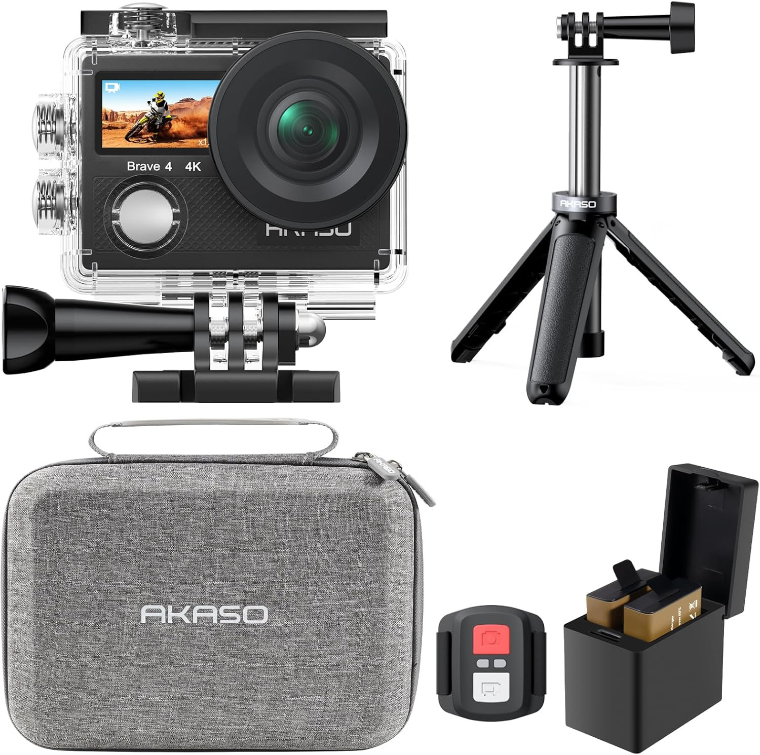 Brave 4 Action Camera with Selfie Stick Tripod and Carrying Case Bundle - 4K30 2