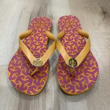 TORY BURCH Thandie Logo Print Flip Flop Sandals Hot Pink Orange 8 Resort Beach