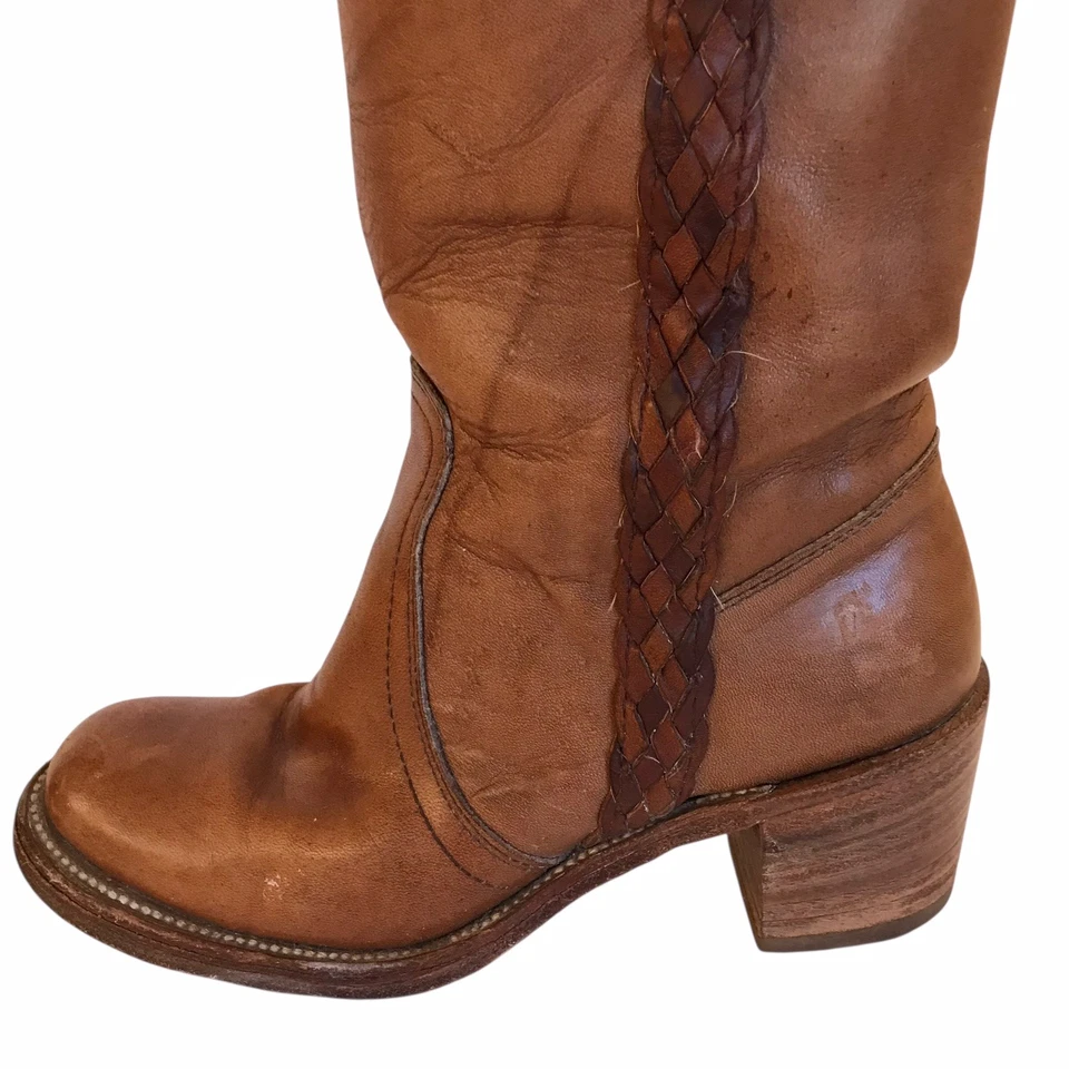 VTG Frye Campus Boots Braided Sabrina Riding Block Heel Tall Leather Sz 6.5 - Image 4 of 4