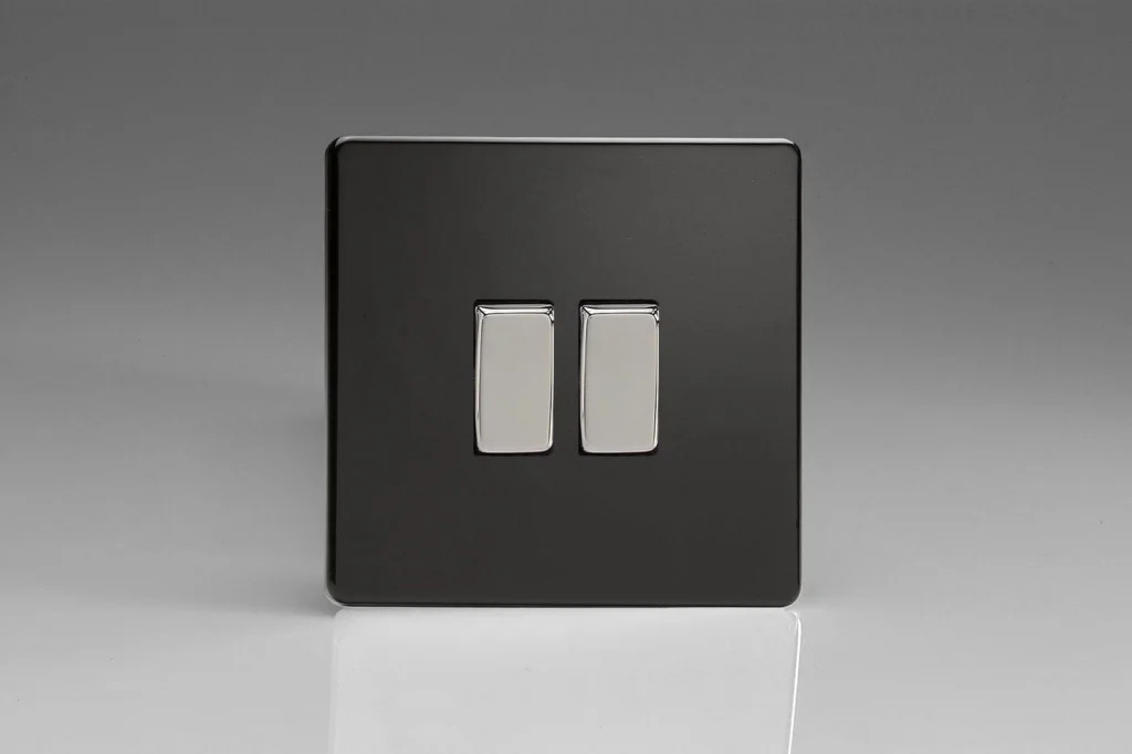Switch Black Intermediate & 2-Way 10A 2-Gang Screwless Premium + Chrome Insert