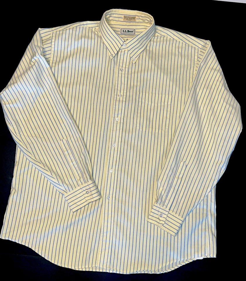 Vintage LL Bean Dress Shirt Mens 18 38 Yellow Blue Striped Oxford Made in USA - Image 2 of 4