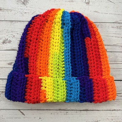 Handmade Rainbow Crochet Beanie   Colorful Ribbed Hat   Warm Winter Unisex Adult