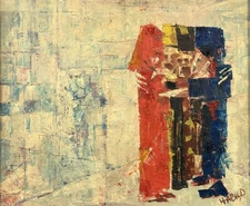 American mid 20th C, Habild, Vintage Oil Painting, Abstract Figurative Scene