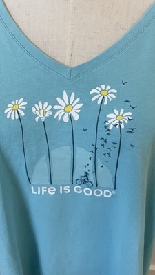 Life is Good Women Short Sleeve Crusher Tee  Towering Daisies Bike Aqua Sz. XXL