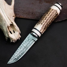 Gift-Ready 8.1" Damascus / Steel Knife Full Tang Hunt it Hunt + Leather Sheath