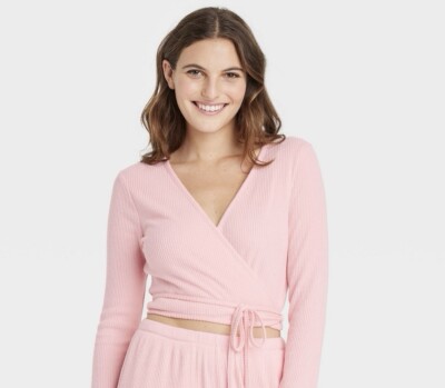 NWT Women's Colsie Small Pink Long Sleeve Cropped Ribbed Cozy Wrap Top