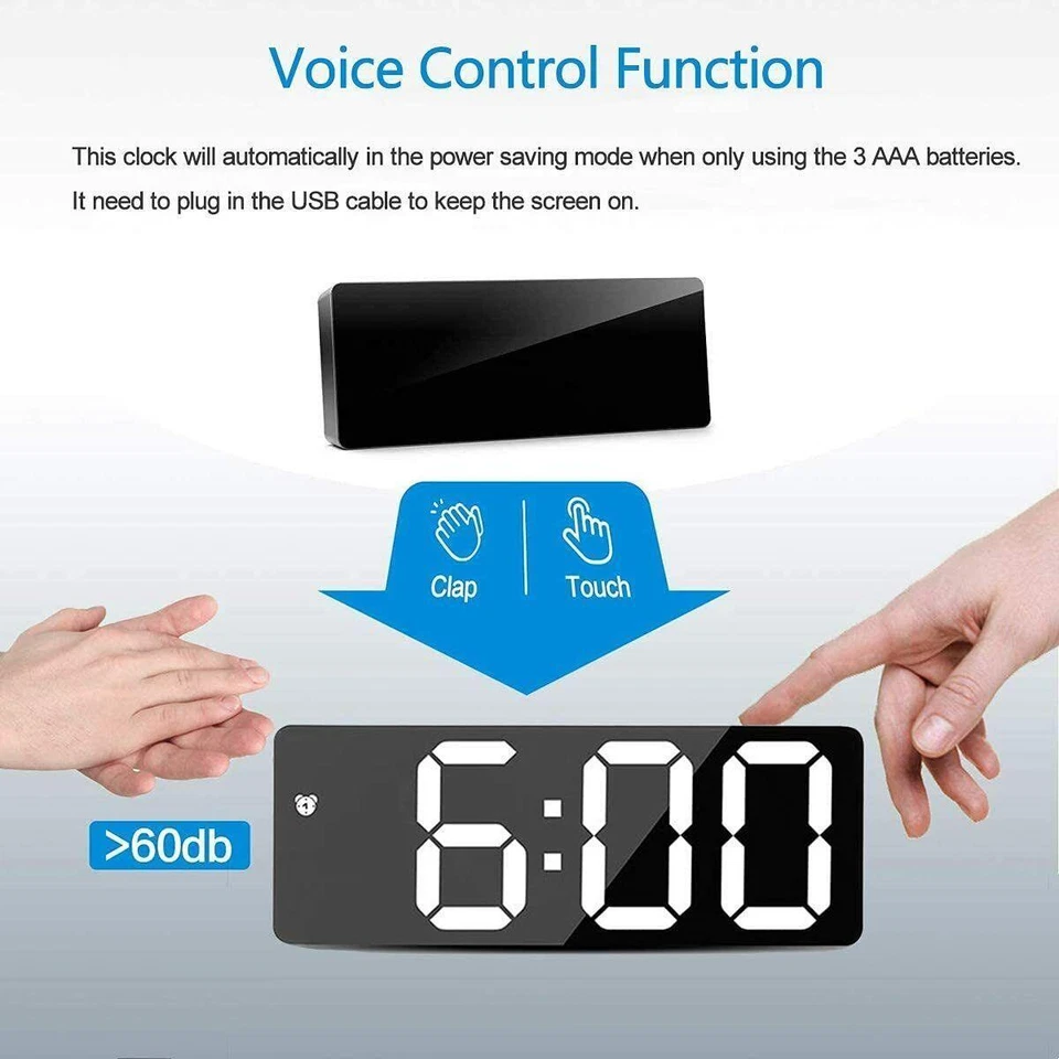 Digital LED Desk Alarm Clock Large Mirror Display USB Snooze Temperature Mode - Image 4 of 4