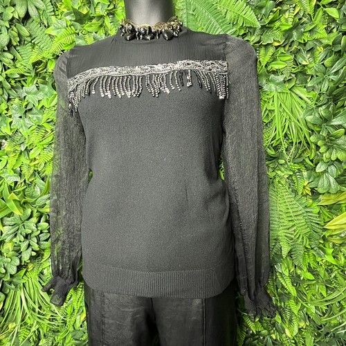 ONTWELFTH Tops Women XL Black Sweater Blouse Sequins Accent Sheer Sleeve 0145 - Picture 2 of 13