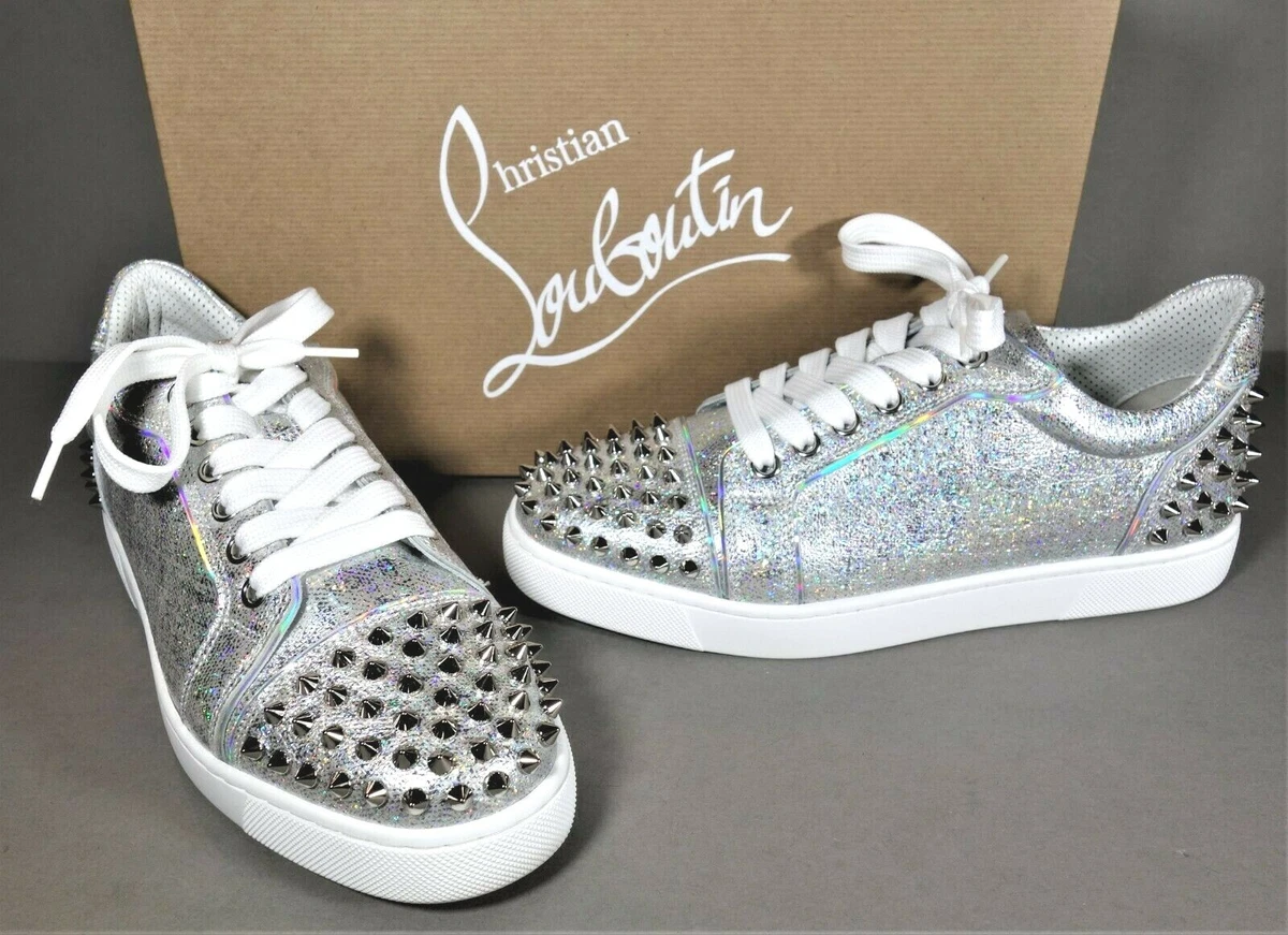 LOUBOUTIN 37.5 VIERA 2 FLAT Metallic Silver Lace Up Low Top Sneakers Spikes  NEW