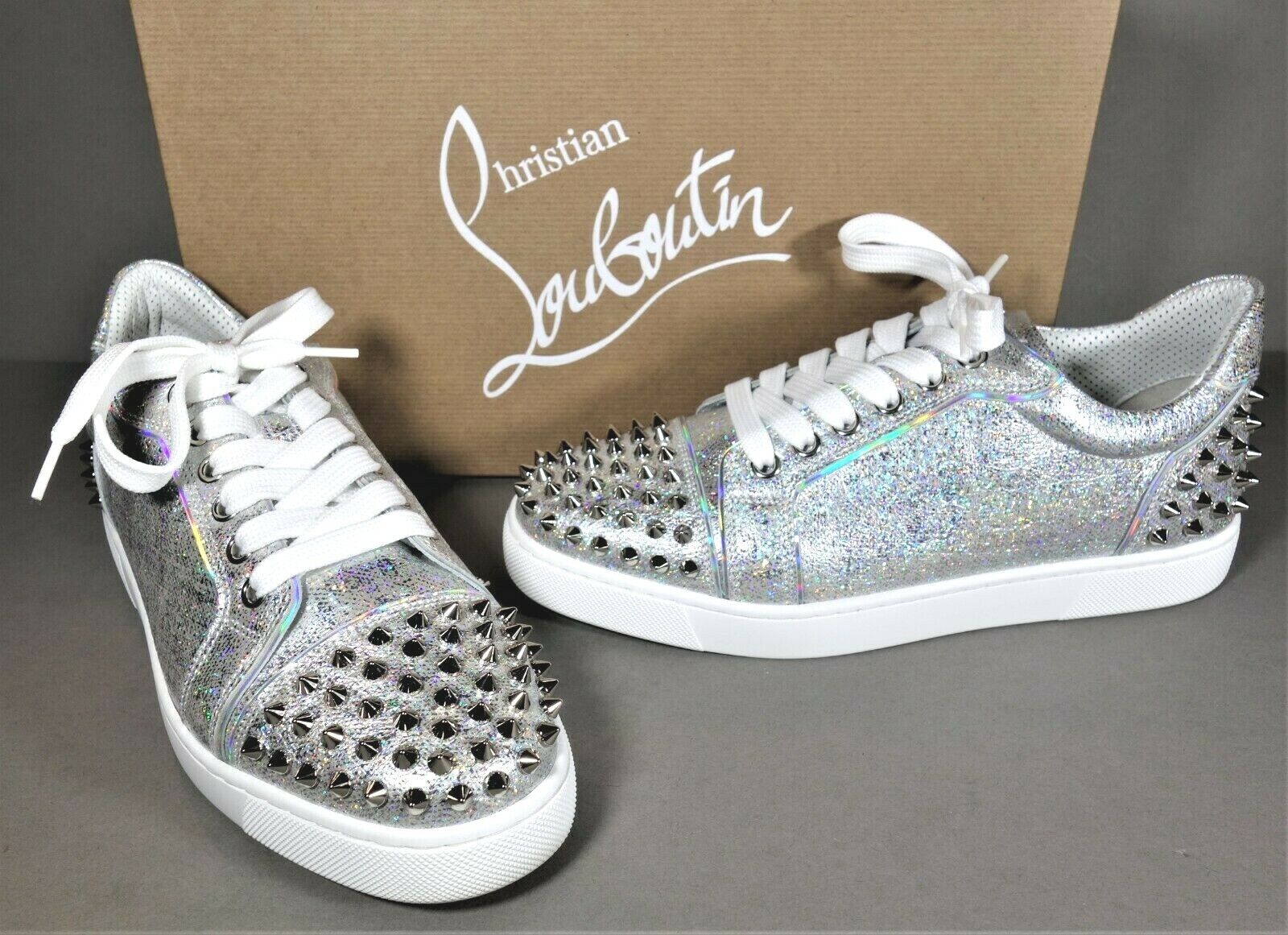 LOUBOUTIN 37.5 VIERA 2 FLAT Metallic Silver Lace Up Low Top Sneakers ...