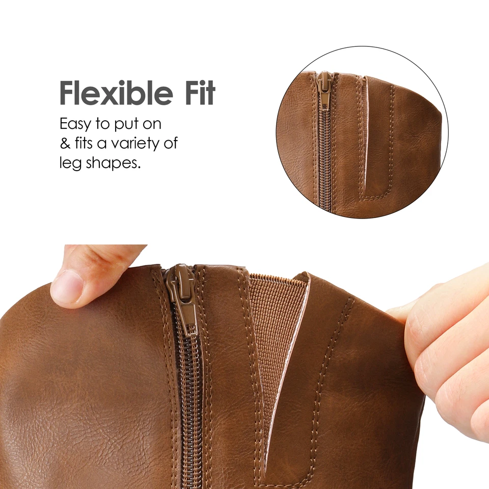 Women Motorcycle Riding Boots Low Heel Round Toe Zip Up Knee High Boots - Image 4 of 4