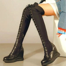 Thigh High Boots Women Leather Round Toe Over the Knee Platform Wedge Oxfords