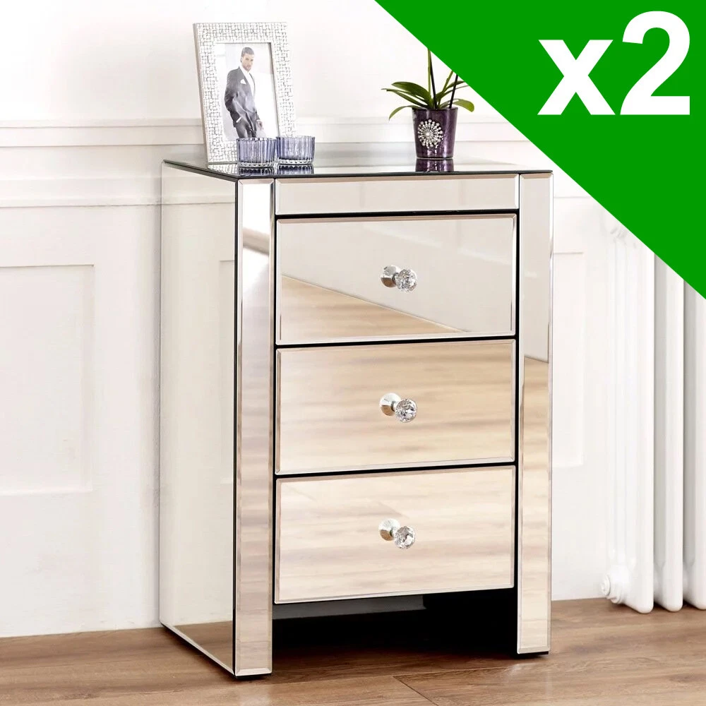 2x Venetian Mirrored 3 Drawer Bedside Table Nightstand Table Pair VEN07 2 QTY
