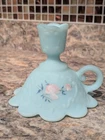 Vintage FENTON Satin Blue Finger Loop Candle Holder Hand Painted by S Kirby 4"