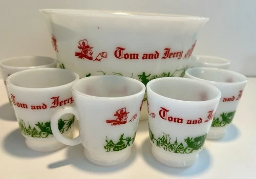 Vintage Hazel Atlas Tom And Jerry Milk Glass Eggnog Set With Bowl and 6 Cups