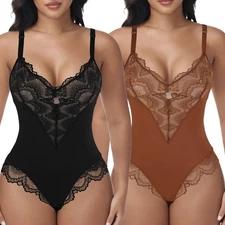 Womens Deep V-Neck Bodysuit Sexy Lace Body Shaper Shapewear Thong Tummy Control 