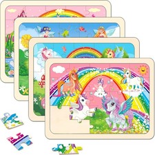 Wooden Jigsaw Puzzles for Kids Ages 4-6, 4-Pack 24-Piece Castle Puzzles Toy 