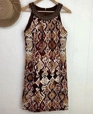 ELIZA J 14 Ikat Print Beaded Neck Sleeveless Linen Blend Shift Dress NWT