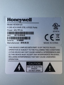 Honeywell HEN04123 4-Channel 4K H.265 PoE NVR, 2TB Indoor Network Recorder