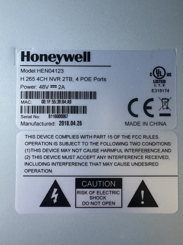 Honeywell HEN04123 4-Channel 4K H.265 PoE NVR, 2TB Indoor Network Recorder