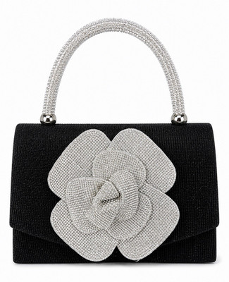 Black Beaded Evening Bag Clutch with Rhinestone Handle, Silver Tone Flower
