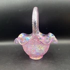 VTG Fenton Glass Strawberry Basket PINK Iridescent Opalescent Carnival Handle