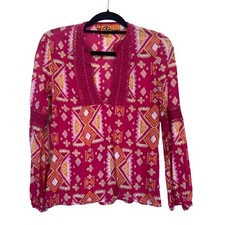 Tory Burch Pink Top Crochet Trim Cotton Ikat Geometric Festival WomensSize 6
