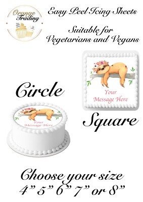 PERSONALISIERTER niedlicher Faultier Kuchen Topper essbar Glasur Kreis/Quadrat 4'' 5'' 6'' 7'' 8''