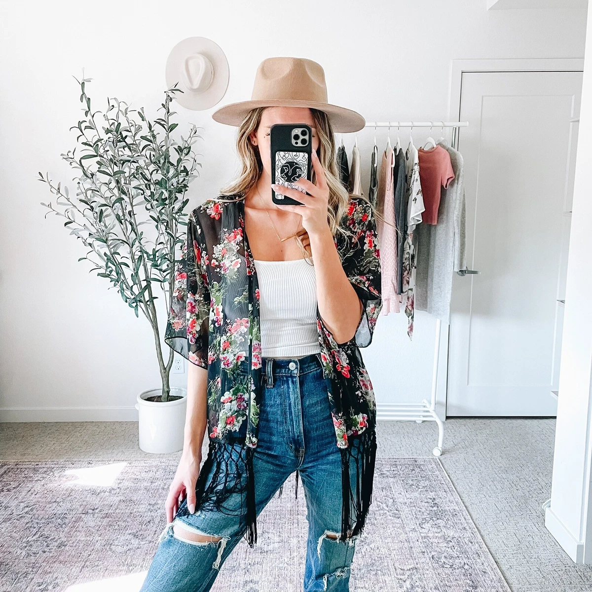 LA Hearts Black Floral Fringe Kimono One Size