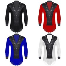 Mens Leotard Dancing Bodysuit Figure Skating Dancewear Rumba Unitards V Neck