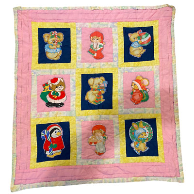 Vintage Baby Blanket Christmas Applique Quilt 36 x 38 Pink Yellow Cat Elf Animal