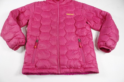 Marmot Puffer Jacket Girls Sz M Pink Duck Down Full Zip Hooded Coat Quilted - Picture 2 of 12