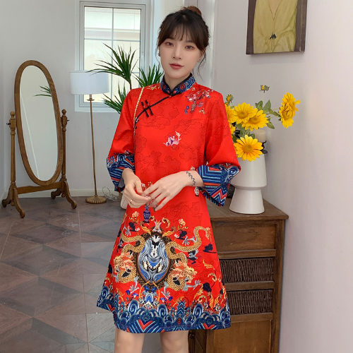 Ins Red Blue Loose New Modern Chinese Cheongsam A-line Dress 3/4 Sleeve Qipao - Picture 2 of 26