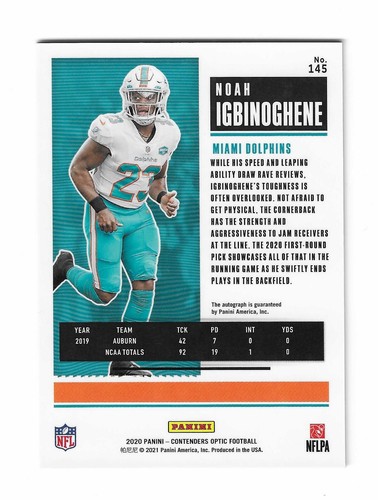 2020 CONTENDERS OPTIC NOAH IGBINOGHENE RC ROOKIE TICKET AUTO #145 MIAMI DOLPHINS - Picture 2 of 2