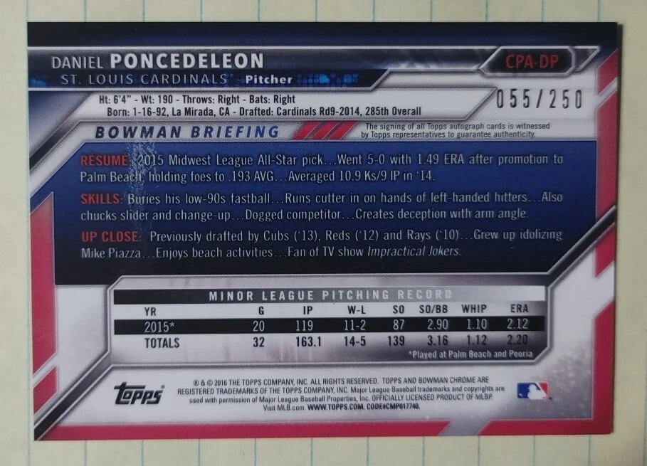 2016 Bowman Chrome Prospect Autos Purple Refractors Daniel Poncedeleon 55/250 - Image 2 of 2