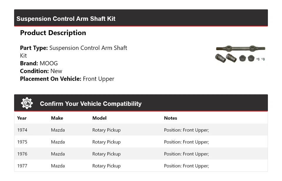 Kit de eje de brazo de control de suspensión para camioneta giratoria Mazda 1974-1977 MOOG 1974 Foto 2 de 3