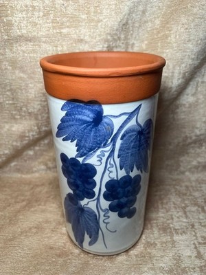 Vintage Terrakotta Weinflasche Kühler handbemalt Portugal blau weiß #393