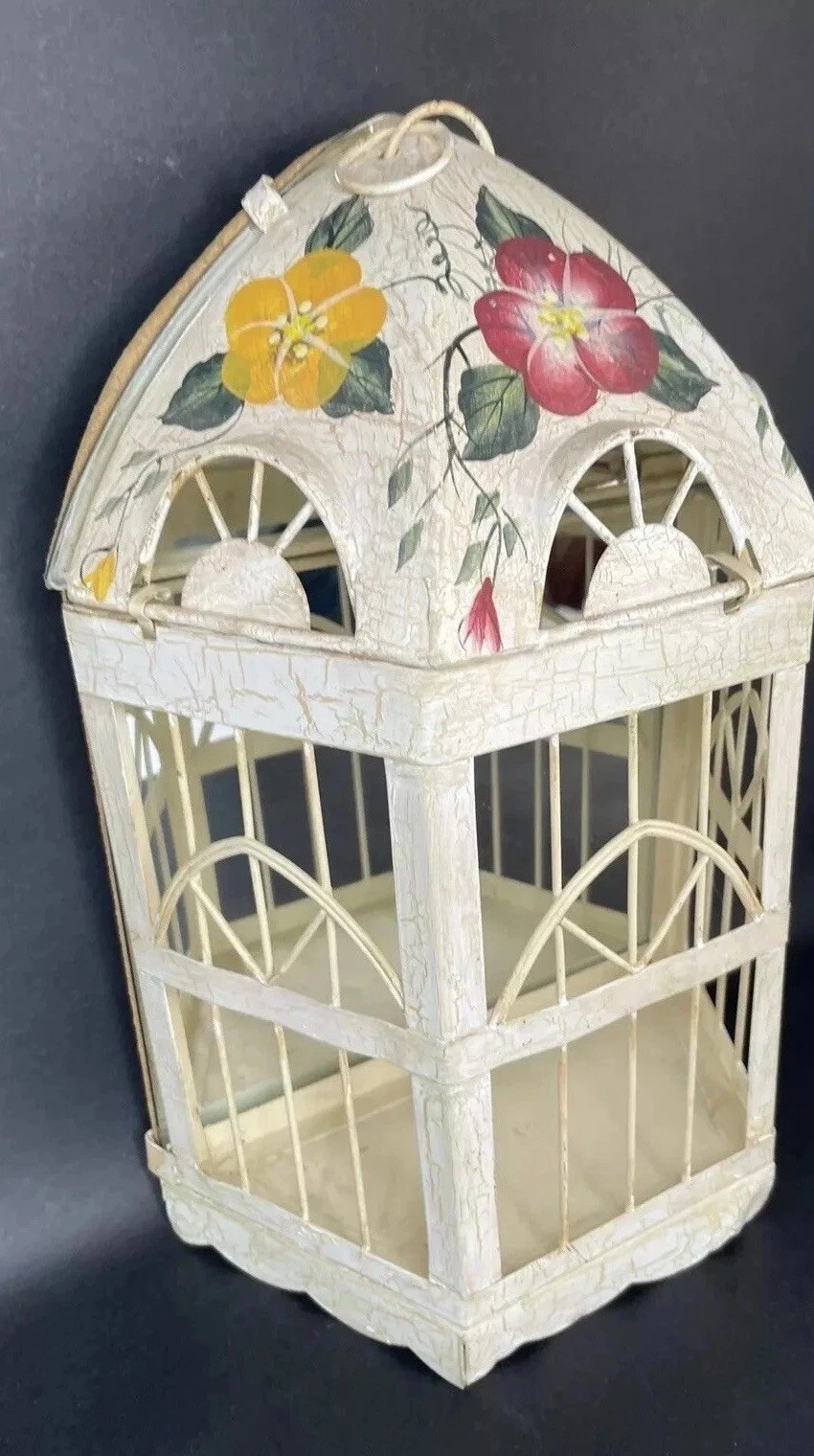 Tole Paint Bird Cage Hand Painted Floral Mirror Hang Stand Curio Cabinet Decor