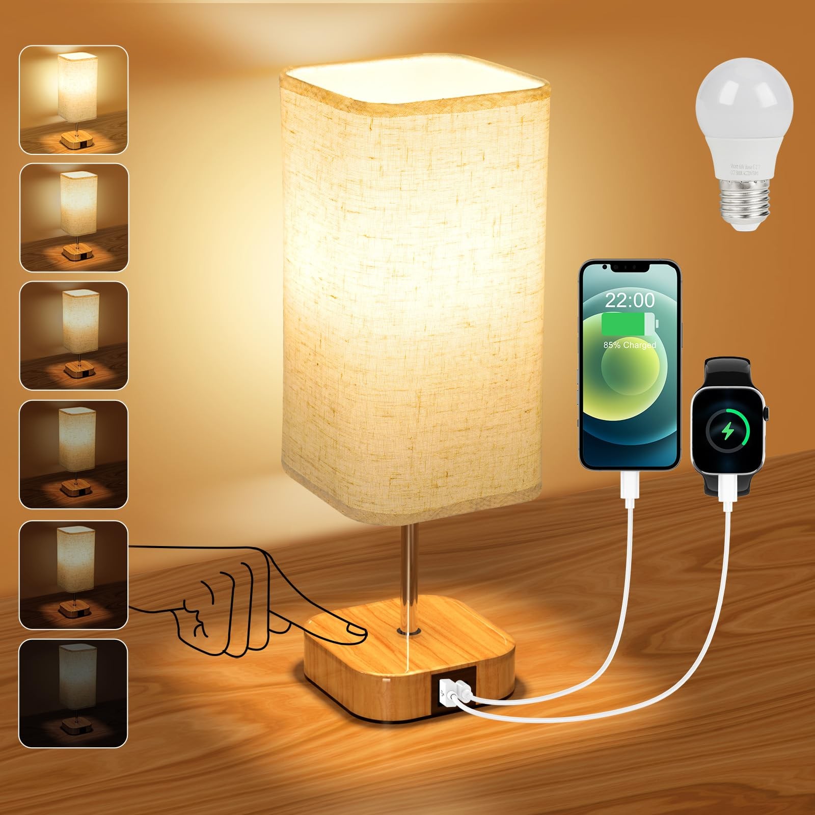 Suright Touch Control Bedside Lamps, Stepless Dimmable Table Flaxen, Flaxen